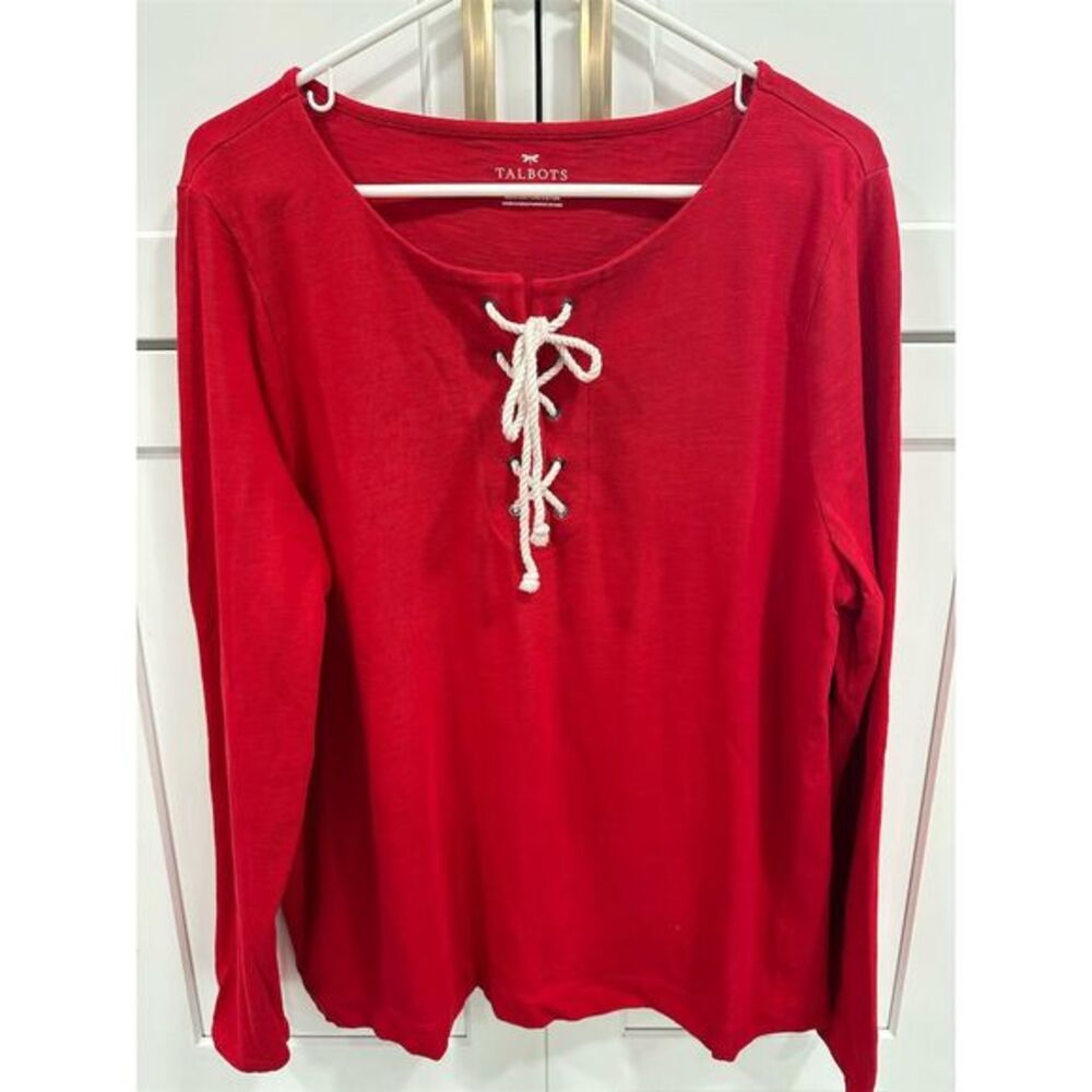 Talbots Women's XL Red Lace-Up V-Neck Long‎ Sleeve Blouse Casual